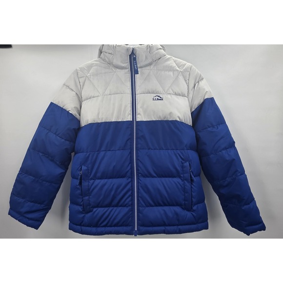 LL BEAN DOWN PUFFER JACKET YOUTH KIDS MEDIUM BLUE WHITE COLORBLOCK WARM DOWNTEK - Picture 2 of 15